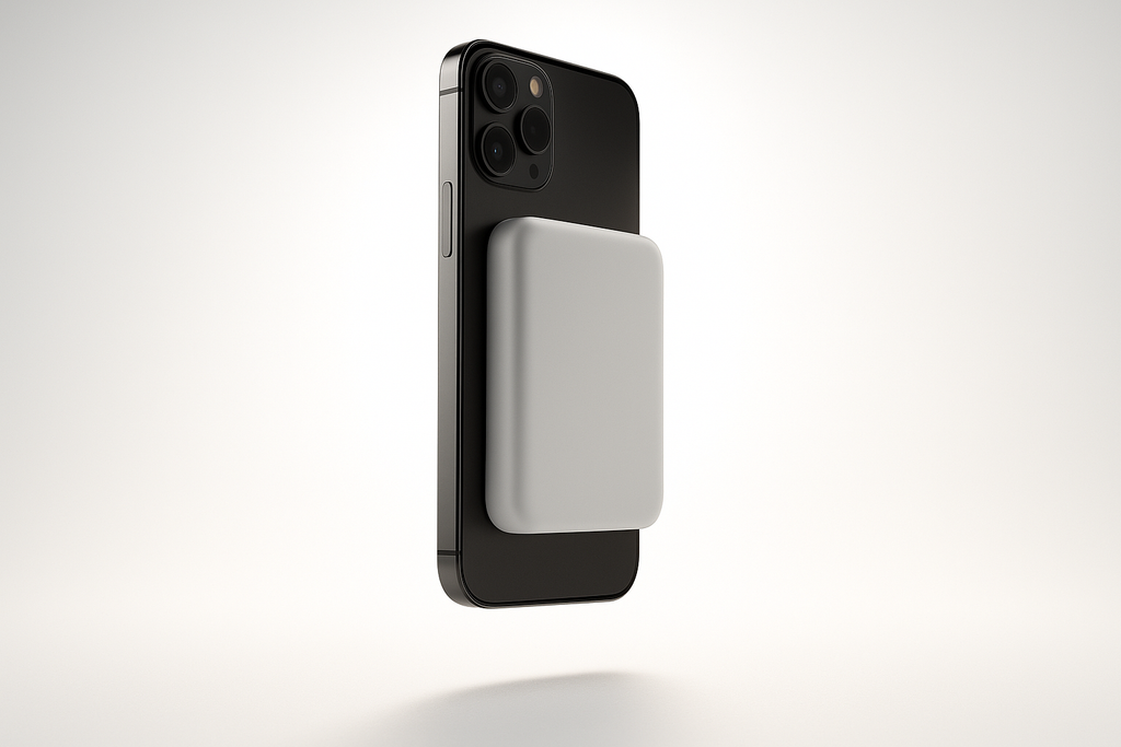 batterie externe magsafe sur un Iphone en lévitation avec un fond blanc et des lumières derrière 