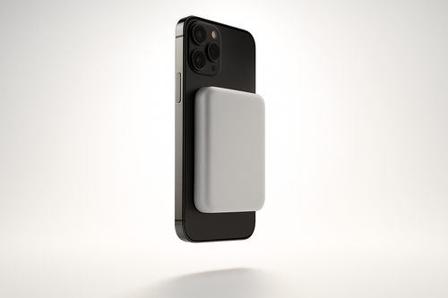 batterie externe magsafe sur un Iphone en lévitation avec un fond blanc et des lumières derrière 