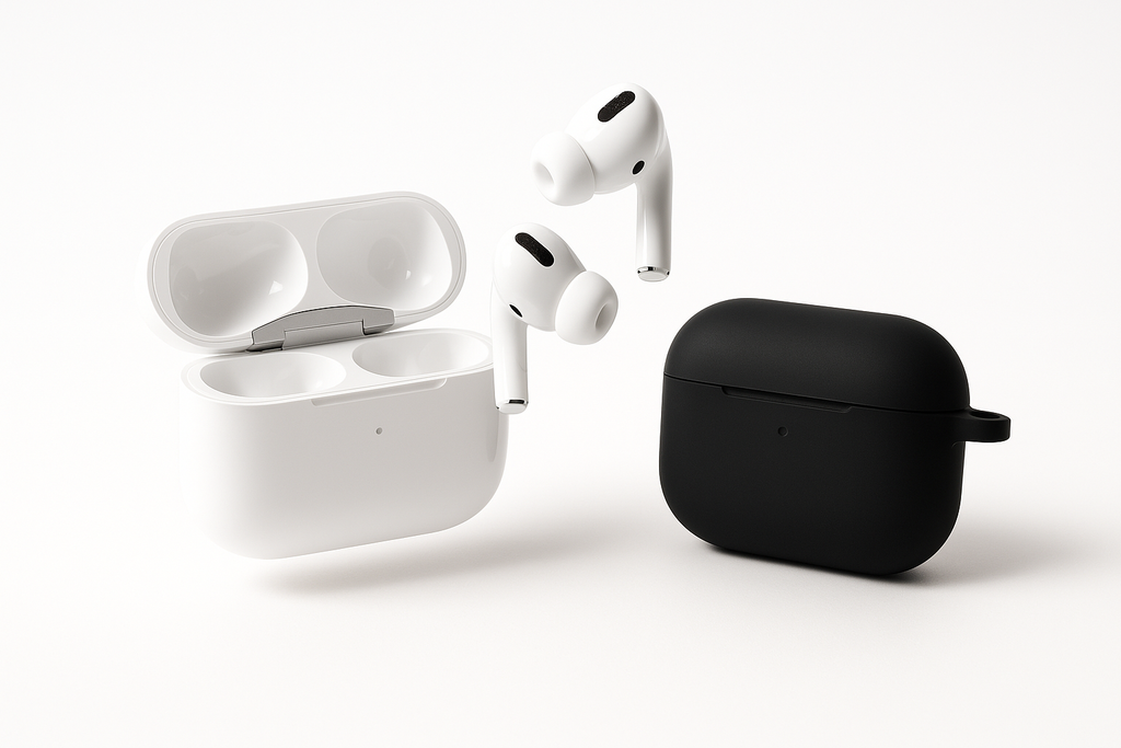 des airpods pro blanc ouvert pour montrer la paire d'airpods en lévitation avec à coter une coque de airpods noir sur un fond blanc et lumineux 