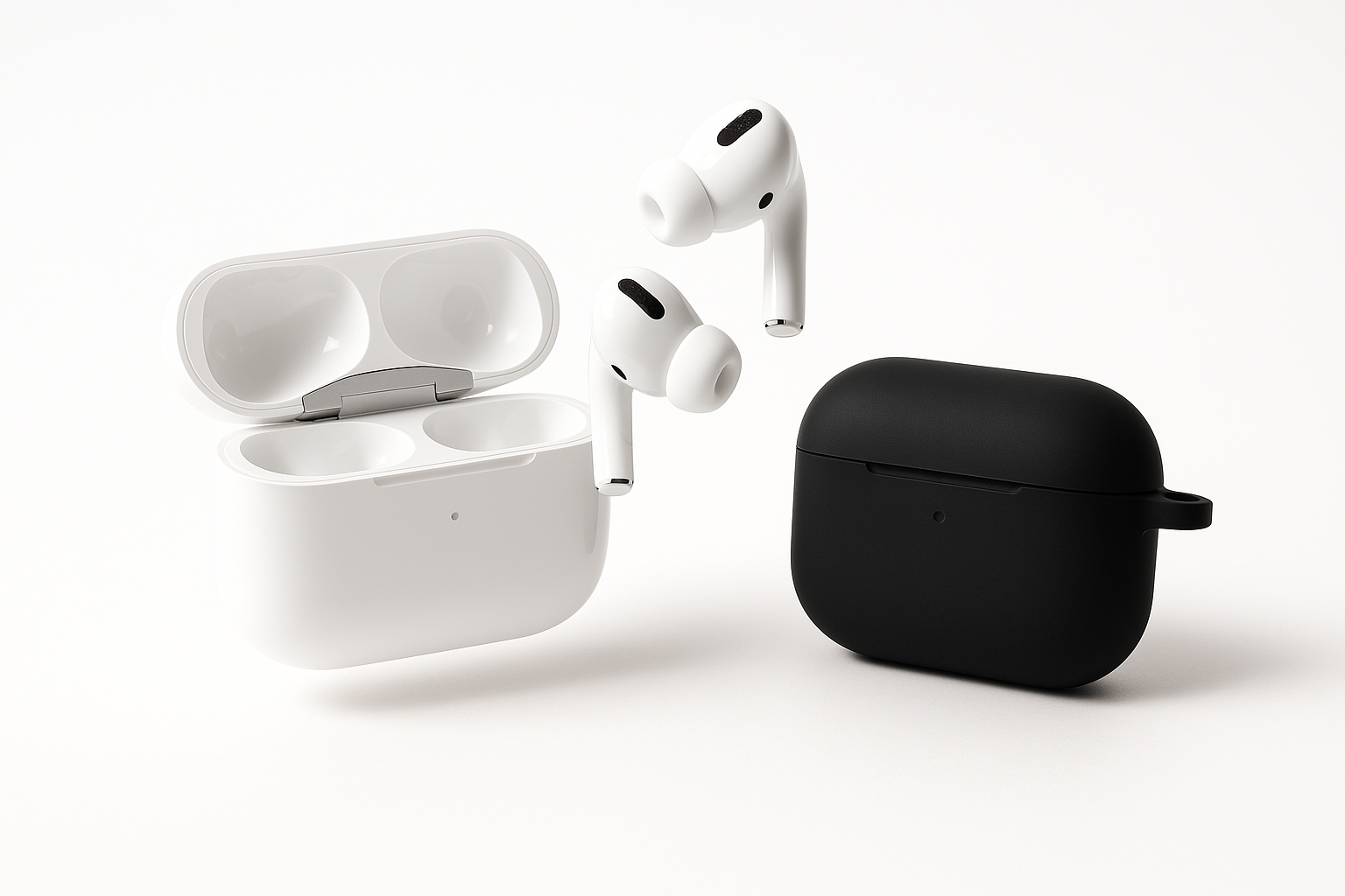 des airpods pro blanc ouvert pour montrer la paire d'airpods en lévitation avec à coter une coque de airpods noir sur un fond blanc et lumineux 