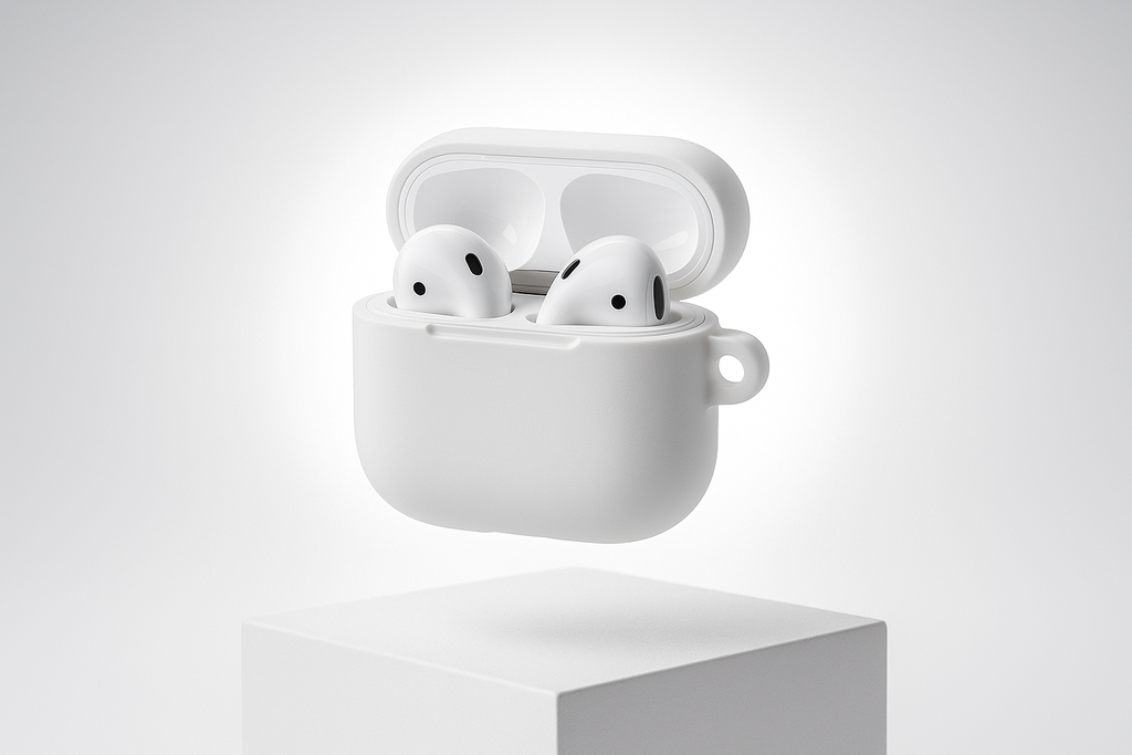ouvre la boite pour montrer les airpods et mettre en valeur l'étui en silicone 