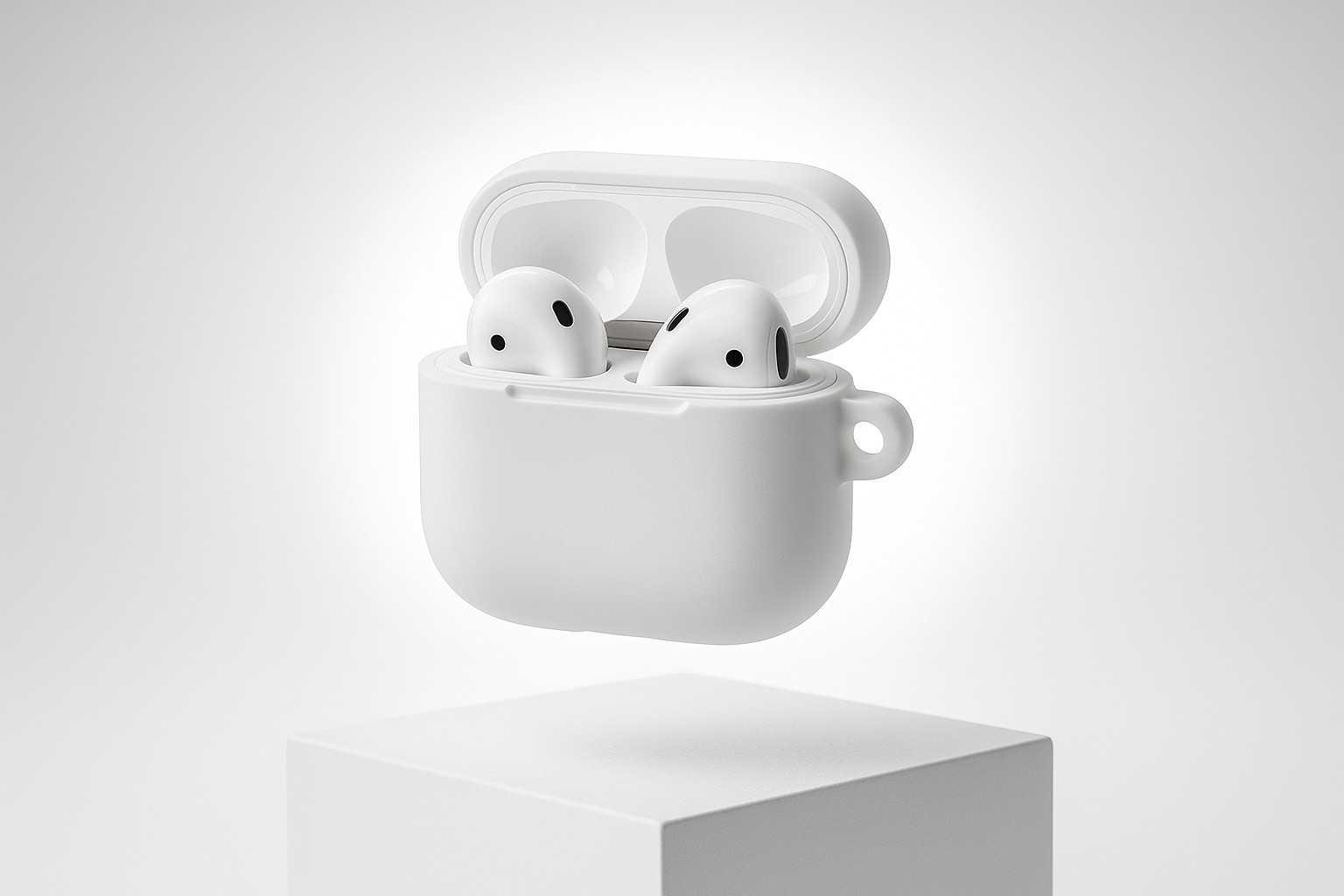ouvre la boite pour montrer les airpods et mettre en valeur l'étui en silicone 