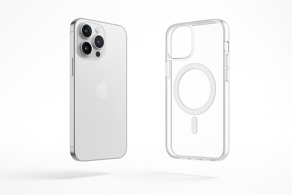 un Iphone en lévitation avec à coter de lui une coque magsafe transaprente en lévitaion aussi sur un fond blanc et lumineux
