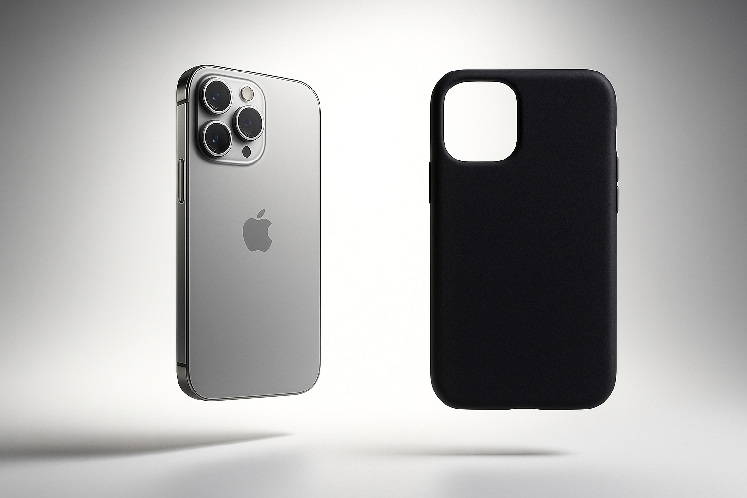 un iphone en lévitation de dos avec fond blanc et des lumière et à coté une coque en silicone noir de face 