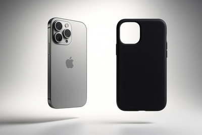 un iphone en lévitation de dos avec fond blanc et des lumière et à coté une coque en silicone noir de face 