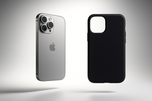 un iphone en lévitation de dos avec fond blanc et des lumière et à coté une coque en silicone noir de face 